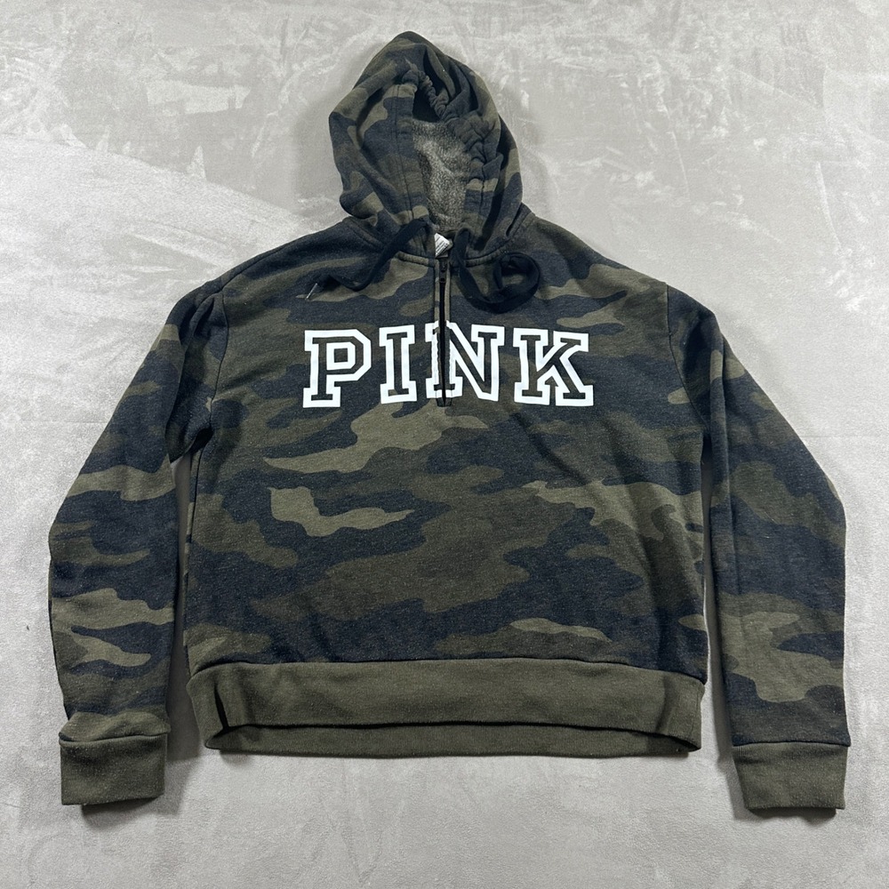 PINK Victoria's Secret Hoodie Women XS Green Camo Y2K Quarter Zip Pullover
